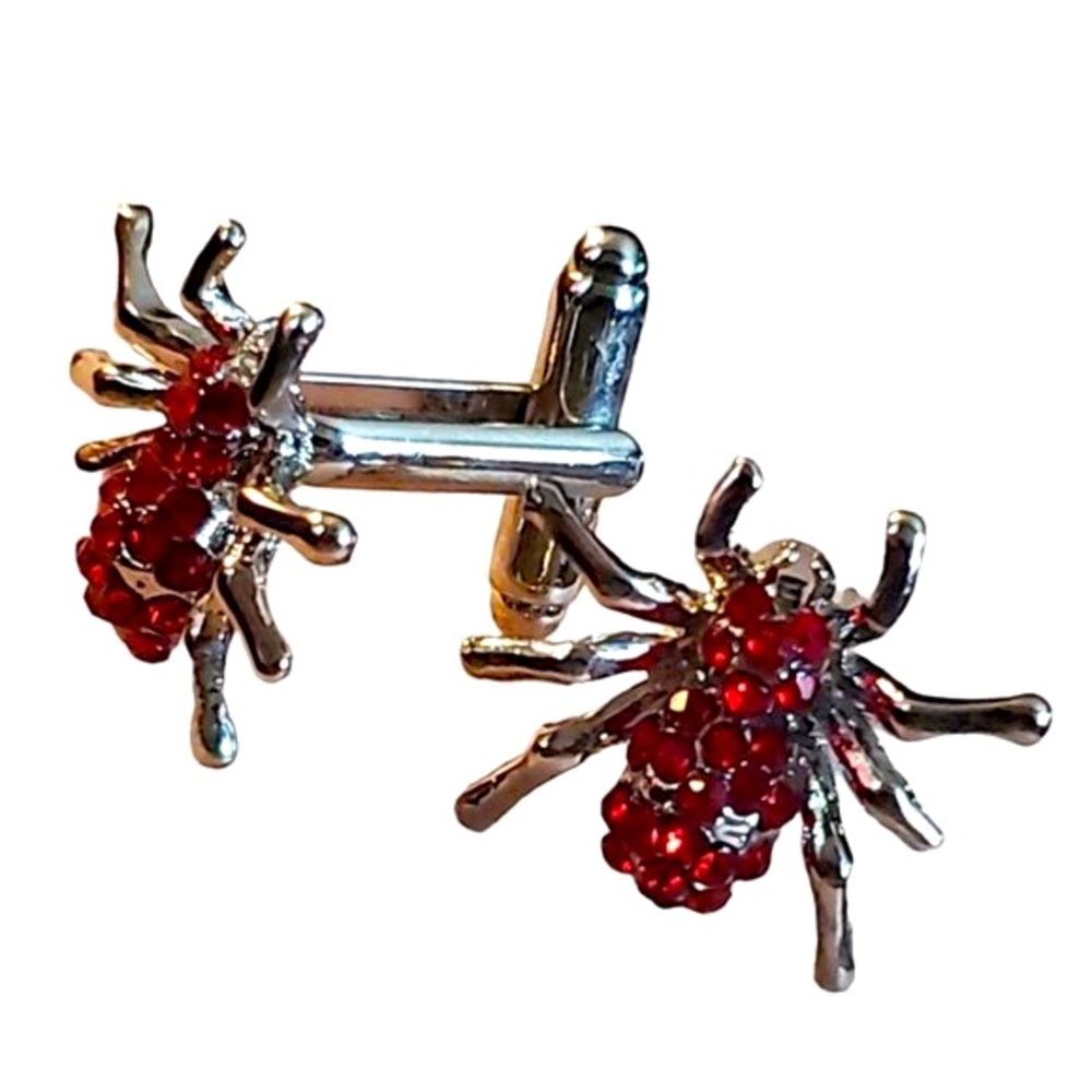 NWT Silver Plated Spider Cufflinks - Bright Red Rhinestones Halloween Gift Goth